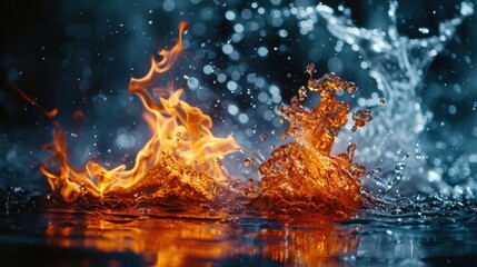 A dramatic collision of fire and water with bokeh effects, showcasing the contrast between the two elements.