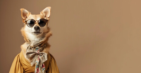 Portrait of a modern Dog wearing sunglasses and a casual dress with a tie Generative Ai