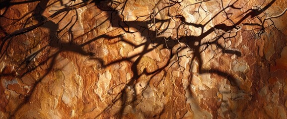 Abstract sunlight shadows of tree branches on tamarind tree bark, creating an artistic background