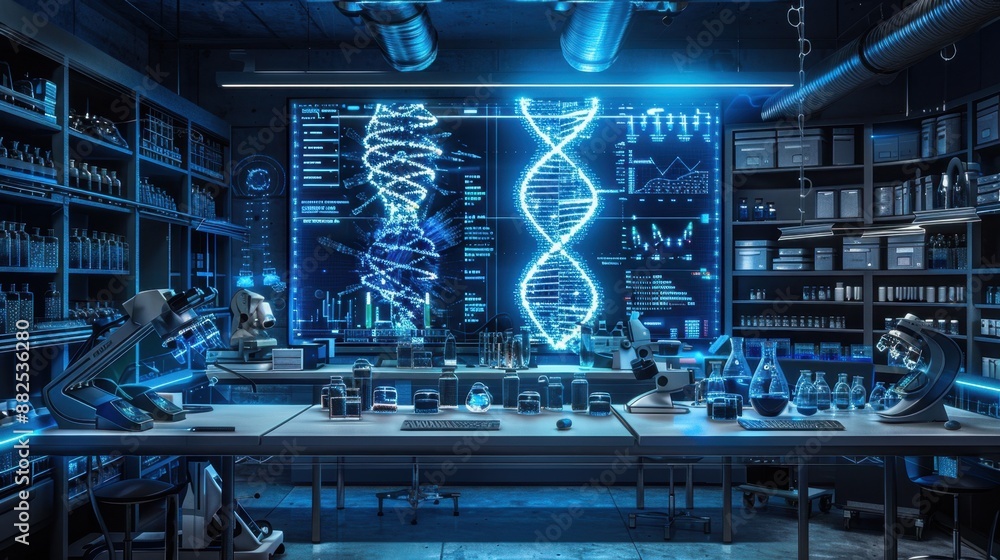 Wall mural futuristic laboratory with advanced dna analysis technology, showcasing modern science equipment and