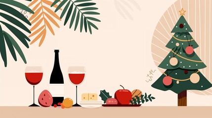 Festive holiday table, adorned with decorative stickers and handcrafted decor, showcasing artistic designs and seasonal celebration themes, flat design illustration