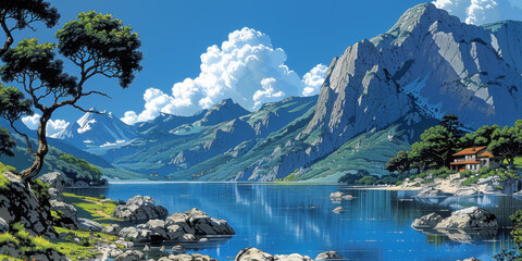 赤い灯籠と緑の水彩の風景