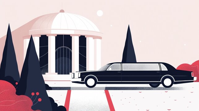 High-end gala featuring opulent decorations, fancy transfers in vintage limousines, creating a scene of ultimate luxury and style, flat design illustration
