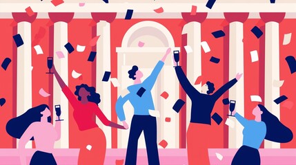 Grand celebration with opulent decor, live entertainment, and a jubilant crowd, capturing the excitement and splendor of a lavish party, flat design illustration
