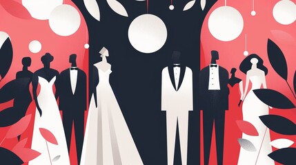 Grand gala event illustration, formal ceremony with a backdrop of intricate designs, attendees in evening gowns and tuxedos, a night of elegance, flat design illustration