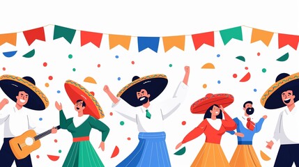 Lively fiesta event with vibrant graphics, featuring traditional costumes, colorful banners, and a joyful crowd, highlighting the festive occasion, flat design illustration