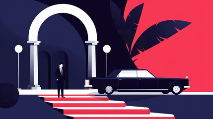 High-end gala featuring opulent decorations, fancy transfers in vintage limousines, creating a scene of ultimate luxury and style, flat design illustration