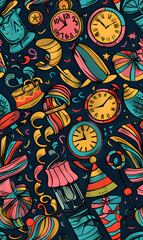 2D illustrated New Year card in a cute graphic style seamless pattern.