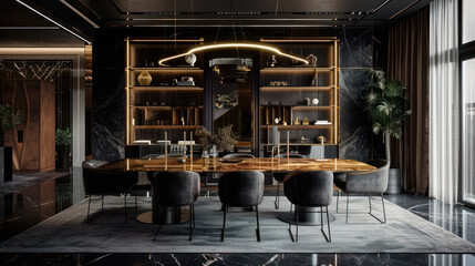 A chic dining room with a large wooden table stylish design
