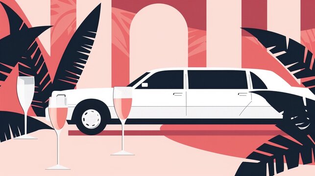 High-end gala featuring opulent decorations, fancy transfers in vintage limousines, creating a scene of ultimate luxury and style, flat design illustration