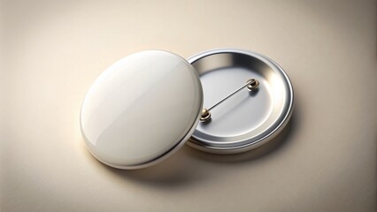 Isolated blank white circular button badge with metallic pin and realistic lighting on a soft gradient background rendering.