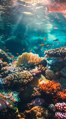 Naklejka premium 17 Underwater coral environment, diverse marine life, clear water, high resolution, close-up shot