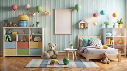 Whimsical 3D rendered child's bedroom scene featuring a blank wall mockup with colorful toys, books, and playful decorations surrounding it.