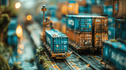 Obraz premium Stacked Cargo Containers Close-Up at Port with Tilt-Shift Photography International Trade Logistics Export Import Freight