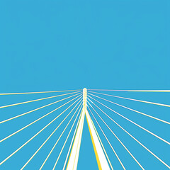 Obraz premium A simple illustration of cables on the top and bottom in perspective of an iconic bridge, set against a vibrant blue sky with white lines accented subtly in yellow.