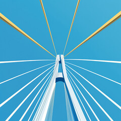 Fototapeta premium A simple illustration of cables on the top and bottom in perspective of an iconic bridge, set against a vibrant blue sky with white lines accented subtly in yellow.