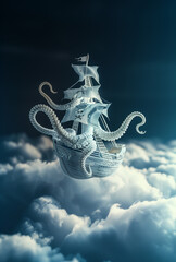 A small ship floats in the sky, accompanied by tentacles and an octopus trailing behind, creating a simple yet powerful design that evokes strong pirate vibes.