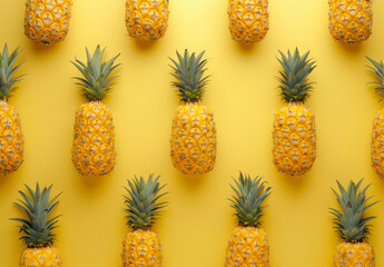 pattern with pineapples against yellow backround.Flat lay