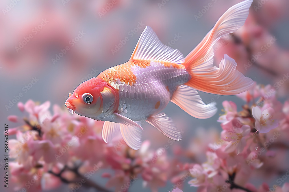 Canvas Prints Pink and White Goldfish in Cherry Blossom Background - Realistic Photo