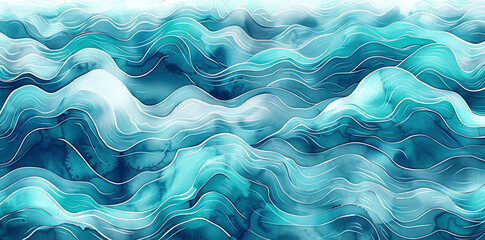 Obraz premium Abstract Teal and Aqua Watercolor Ocean Waves Pattern Seamless Texture for Print Wallpaper Fabric