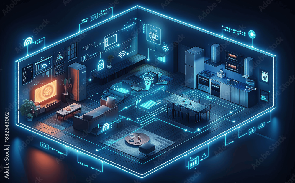 Poster isometric hologram of futuristic smart home with connected appliances and glowing icons in dark back