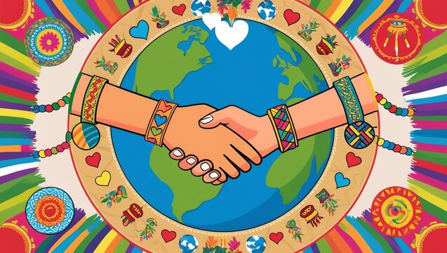 World Humanitarian Day illustration with a handshake around the globe, symbolizing unity and support. - Powered by Adobe
