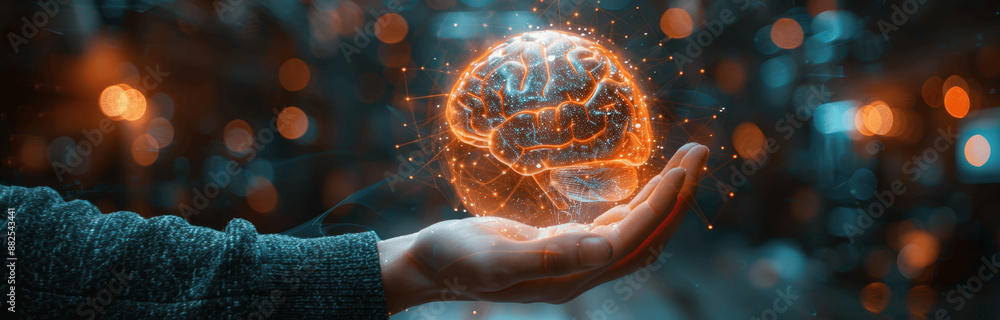 Poster futuristic business technology businessman holding virtual hologram digital brain social network con