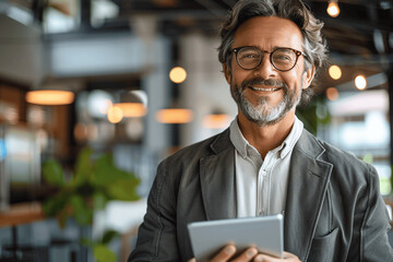 Fototapeta premium Confident Middle Aged Businessman Using Digital Tablet in Modern Office Smiling Happy Professional Manager Wearing Glasses Standing Corporate Executive Looking Away