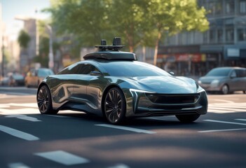 Fototapeta premium rendering view waiting vehicle autonomous rear intersection 3d image car auto automobile automotive electric transport transportation technology