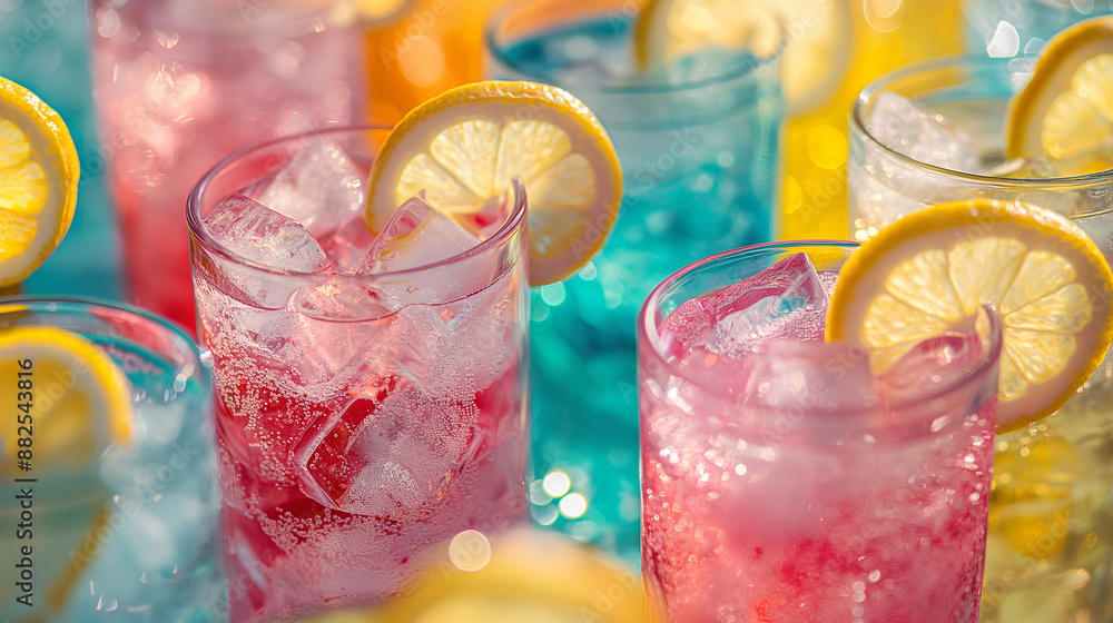 Poster Refreshing colorful summer cocktails with ice and lemon slices are sparkling on table
