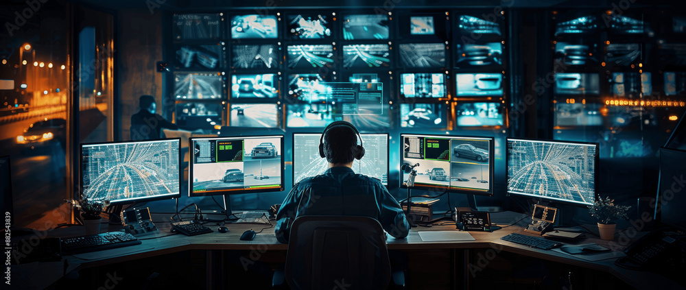 Poster futuristic smart traffic management system with real-time vehicle data monitoring in high-tech contr