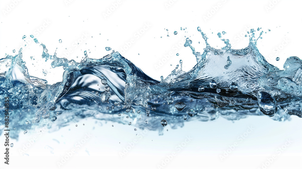 Poster crystal clear water splashing with bubbles on white background