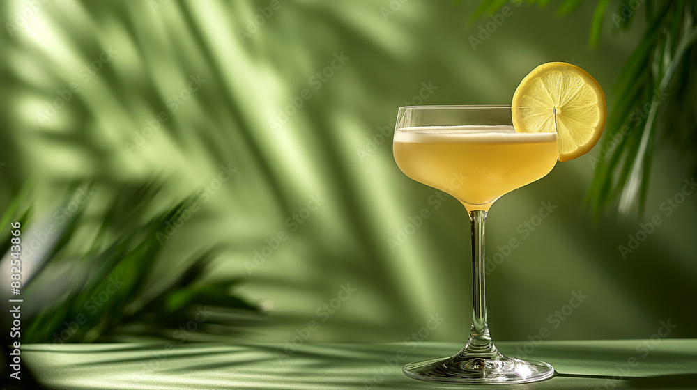Poster elegant cocktail glass standing on table and casting shadow on green background