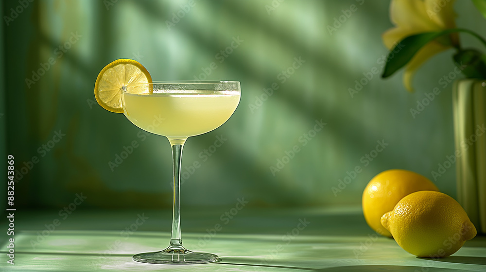 Poster Lemon cocktail is standing on a table with a green background