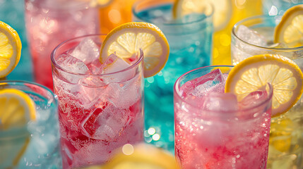 Refreshing colorful summer cocktails with ice and lemon slices are sparkling on table