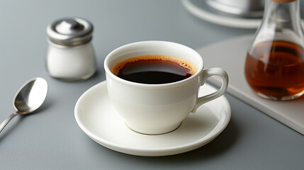 Steaming cup of black coffee sitting on table with sugar and cream