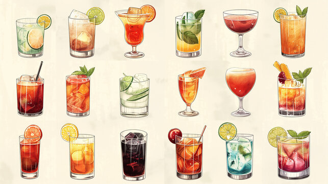 Set of classic cocktails with straws and garnishes illustration