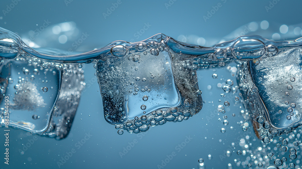 Poster ice cubes floating in water with bubbles