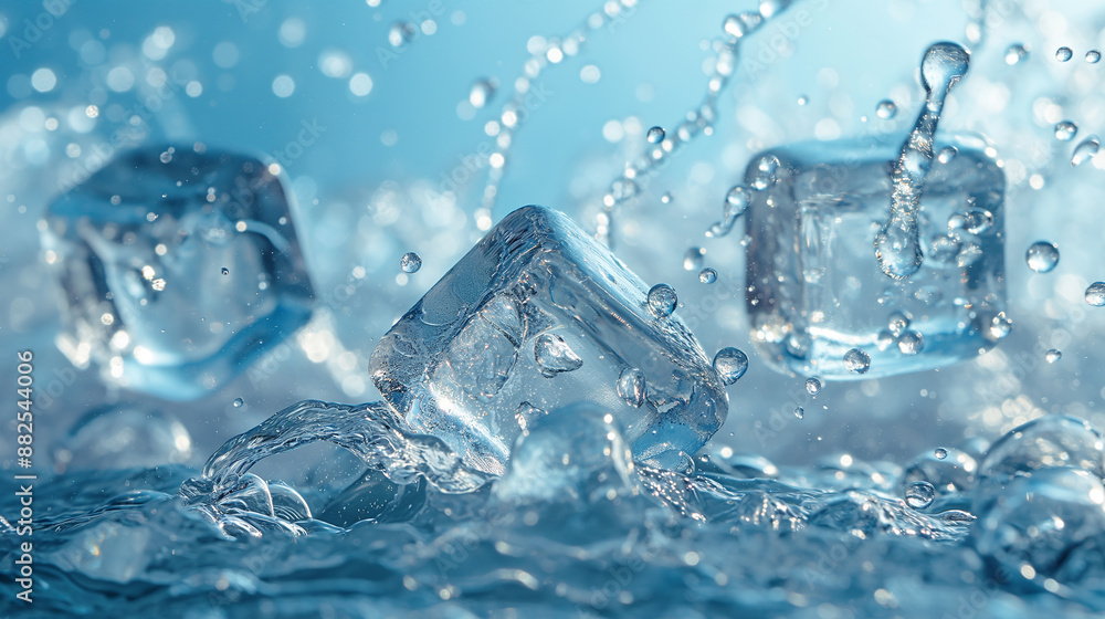 Poster Ice cubes splashing into water creating refreshing coldness
