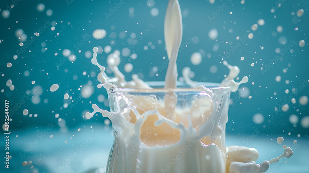 Poster milk splashing into glass creating abstract crown shape on blue background