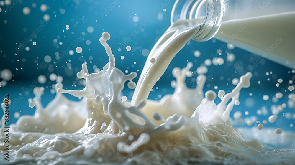 Poster milk splashing from glass bottle creating crown shape on blue background