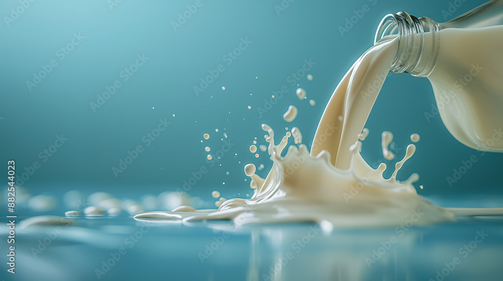 Poster milk is pouring from a bottle and making a splash on a blue background