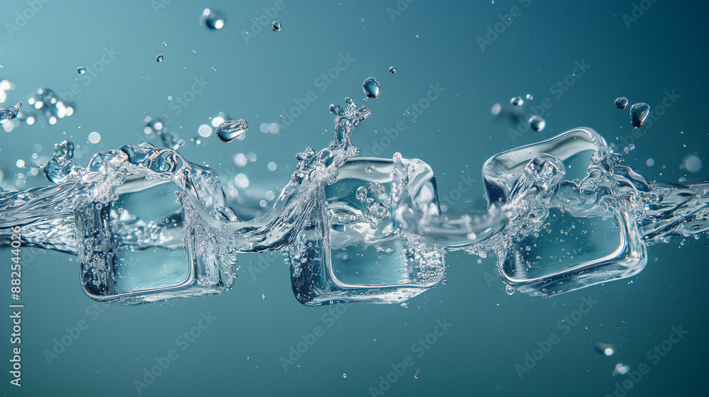 Poster Three ice cubes floating in water creating bubbles and splashing
