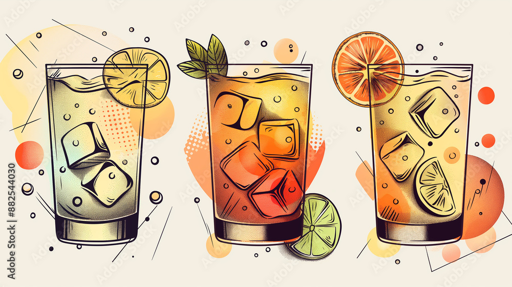 Poster Three refreshing cocktails with ice cubes and citrus fruit slices are standing on white background