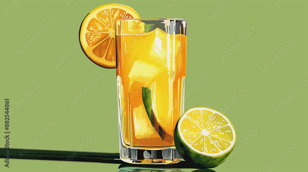 Poster Refreshing citrus lemonade with lemon and lime slices on green background