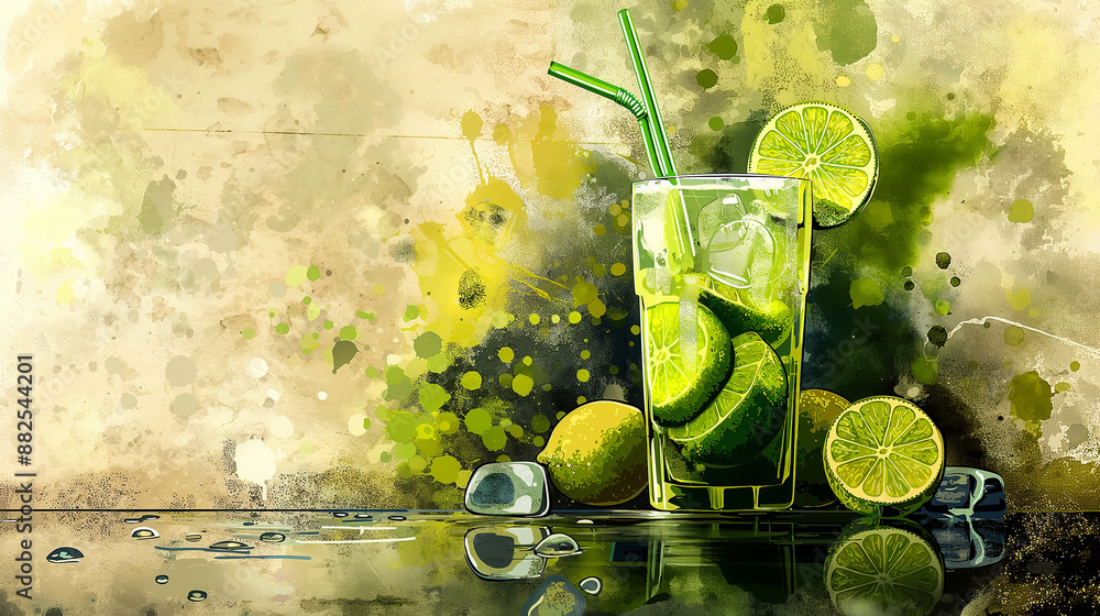 Poster refreshing cold green cocktail with limes and ice cubes on a table