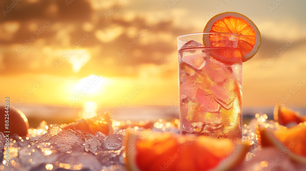 Poster refreshing grapefruit cocktail standing on ice with sunset in the background