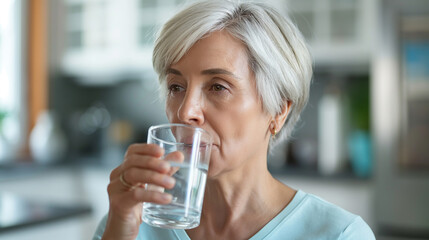 Senior woman drinking water glass refreshing avoiding dehydration