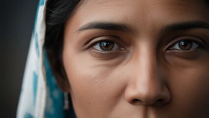 Close-up portrait of a woman, highlighting her expressive eyes and strength.