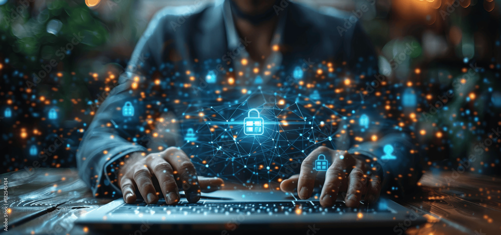 Poster businessman secures online data with advanced cybersecurity for safe transactions and network protec